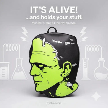 Frankenstein Head Backpack | Glow-in-the-Dark Horror Bag Rock Rebel Shop Ziya Blue