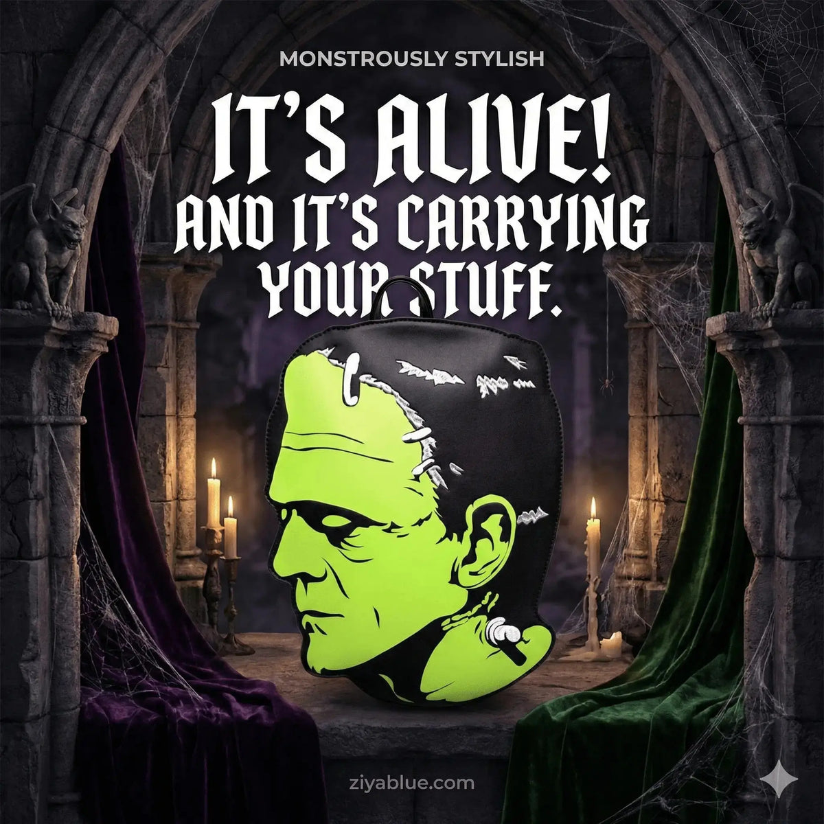 Frankenstein Head Backpack | Glow-in-the-Dark Horror Bag Rock Rebel Shop Ziya Blue