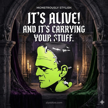 Frankenstein Head Backpack | Glow-in-the-Dark Horror Bag Rock Rebel Shop Ziya Blue