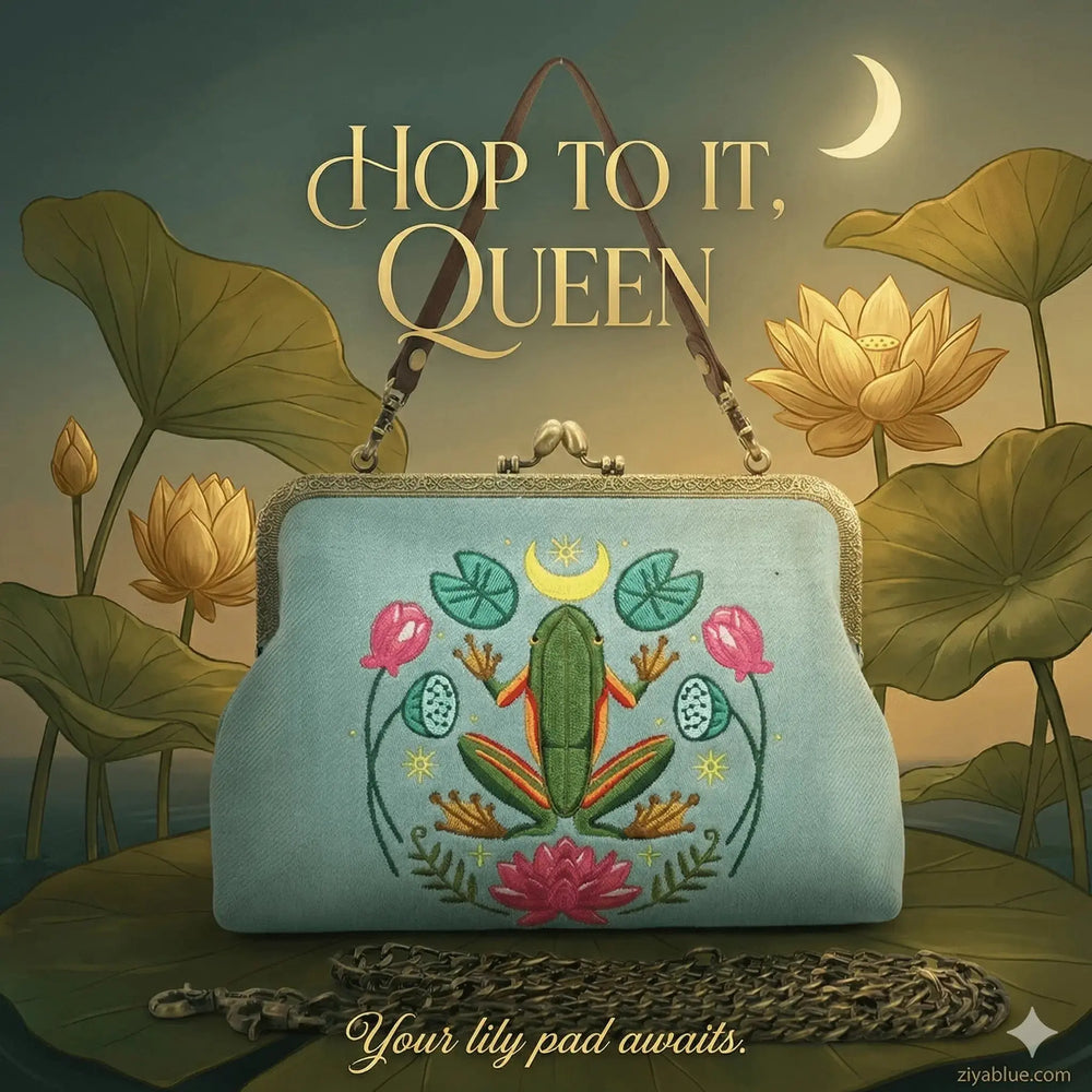Frog Kisslock Bag – Embroidered Vintage Nature Purse COMECO INC Ziya Blue