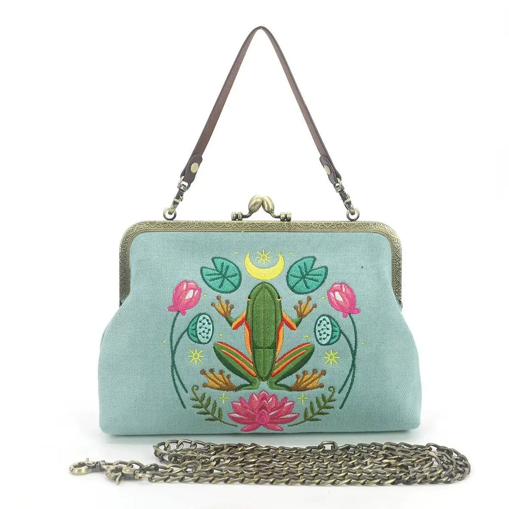 Frog Kisslock Bag – Embroidered Vintage Nature Purse COMECO INC Ziya Blue