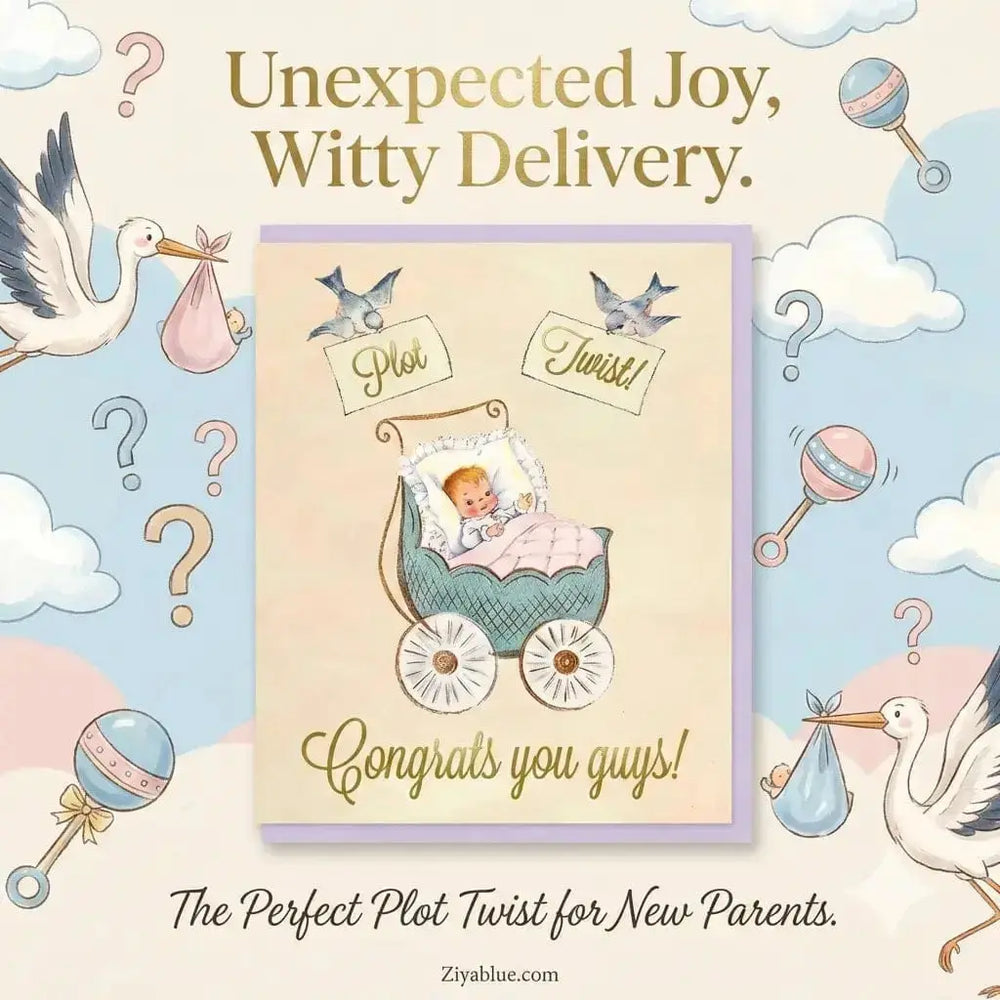 Funny Baby Shower Card: Plot Twist Greeting Smitten Kitten Ziya Blue