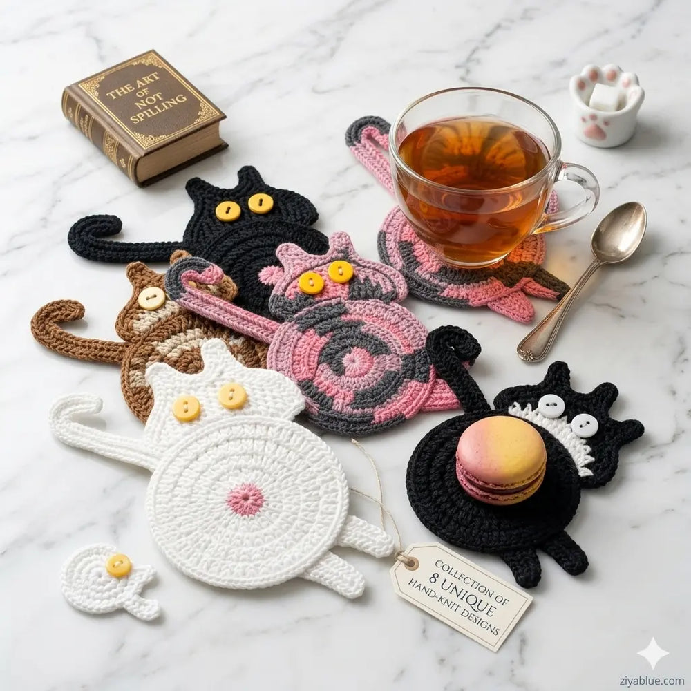 Funny Cat Lover Gift: Crochet Cat Butt Coaster  Ziya Blue