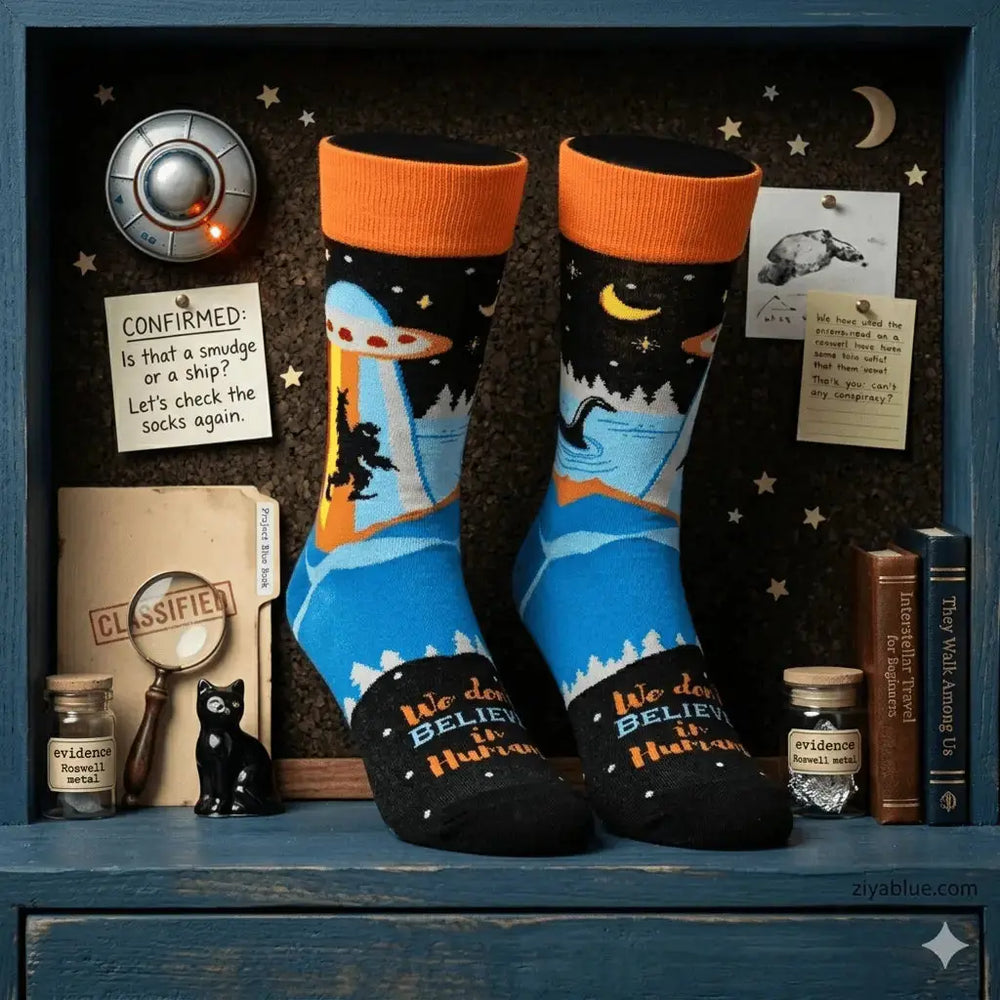 Funny Cryptid Socks: Alien & Bigfoot Men's Crew Fabdaz Ziya Blue