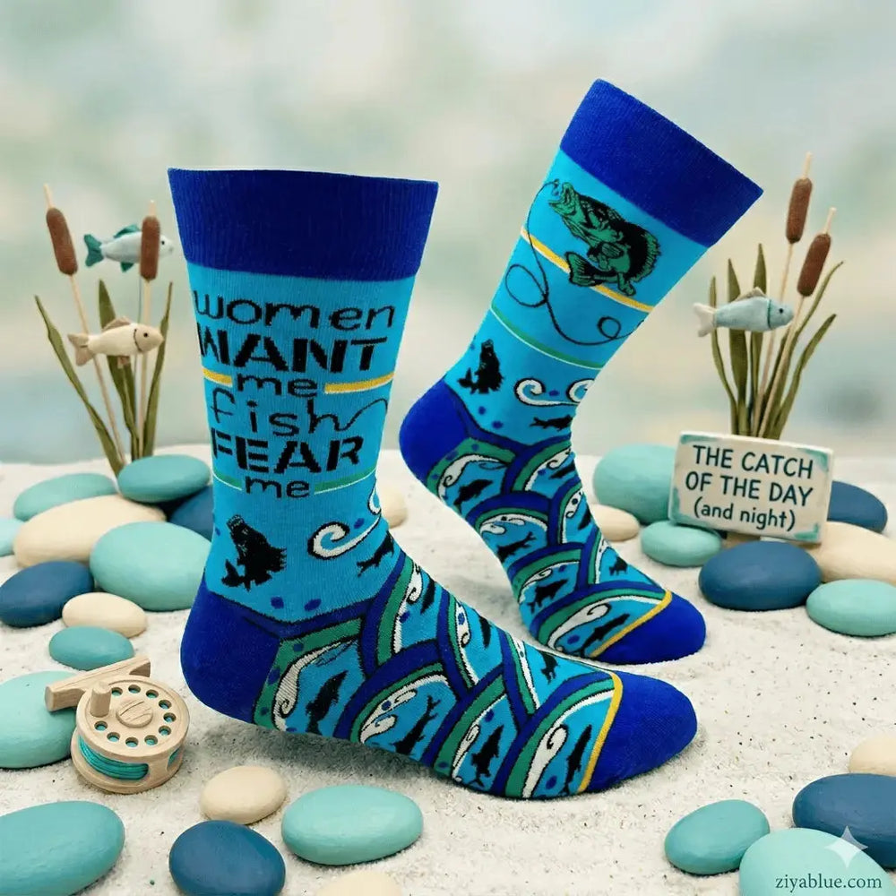 Funny Fishing Socks: Women Want Me Men's Crew Fabdaz Ziya Blue
