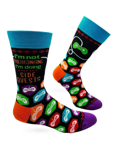 Funny Gamer Socks: Side Quests Men's Crew Fabdaz Ziya Blue