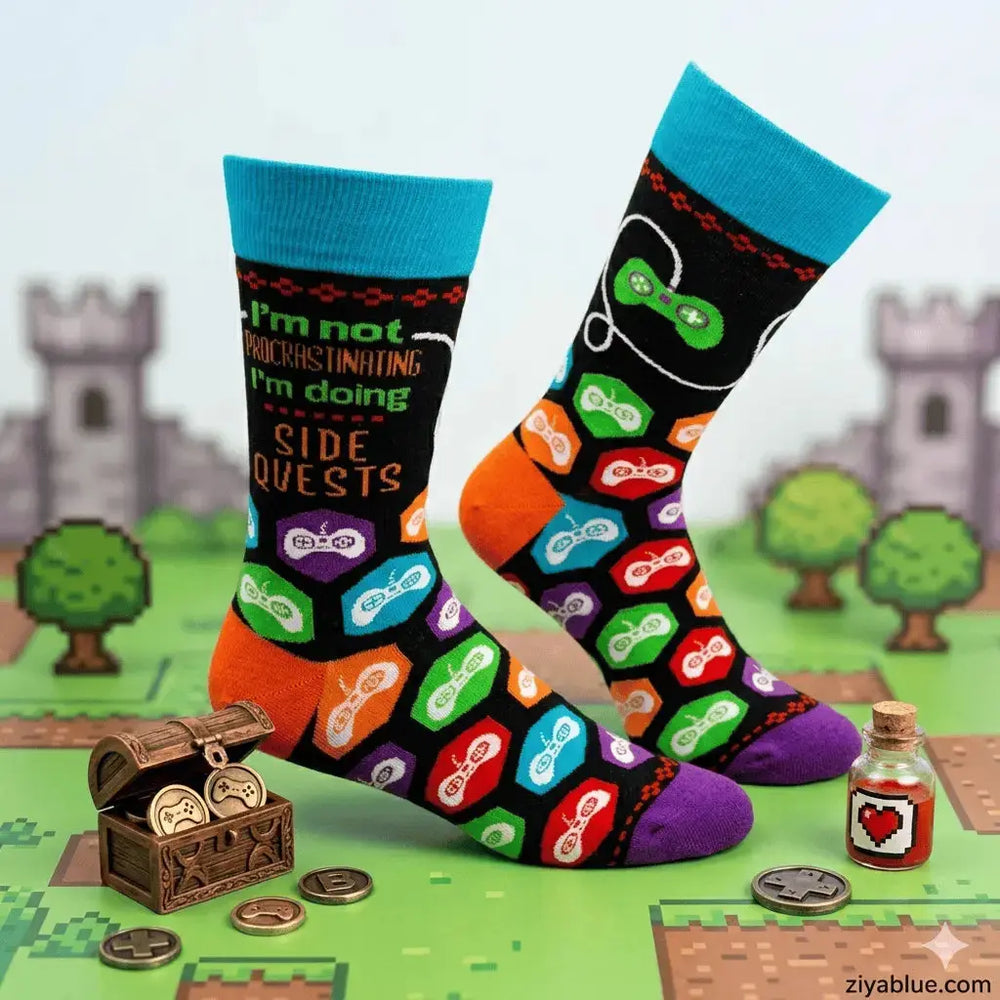 Funny Gamer Socks: Side Quests Men's Crew Fabdaz Ziya Blue