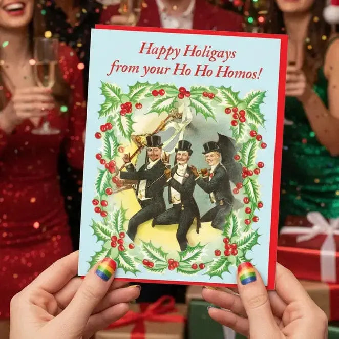 Funny Gay Holiday Card | "Happy Holigays" Ho Ho Homos Smitten Kitten Ziya Blue