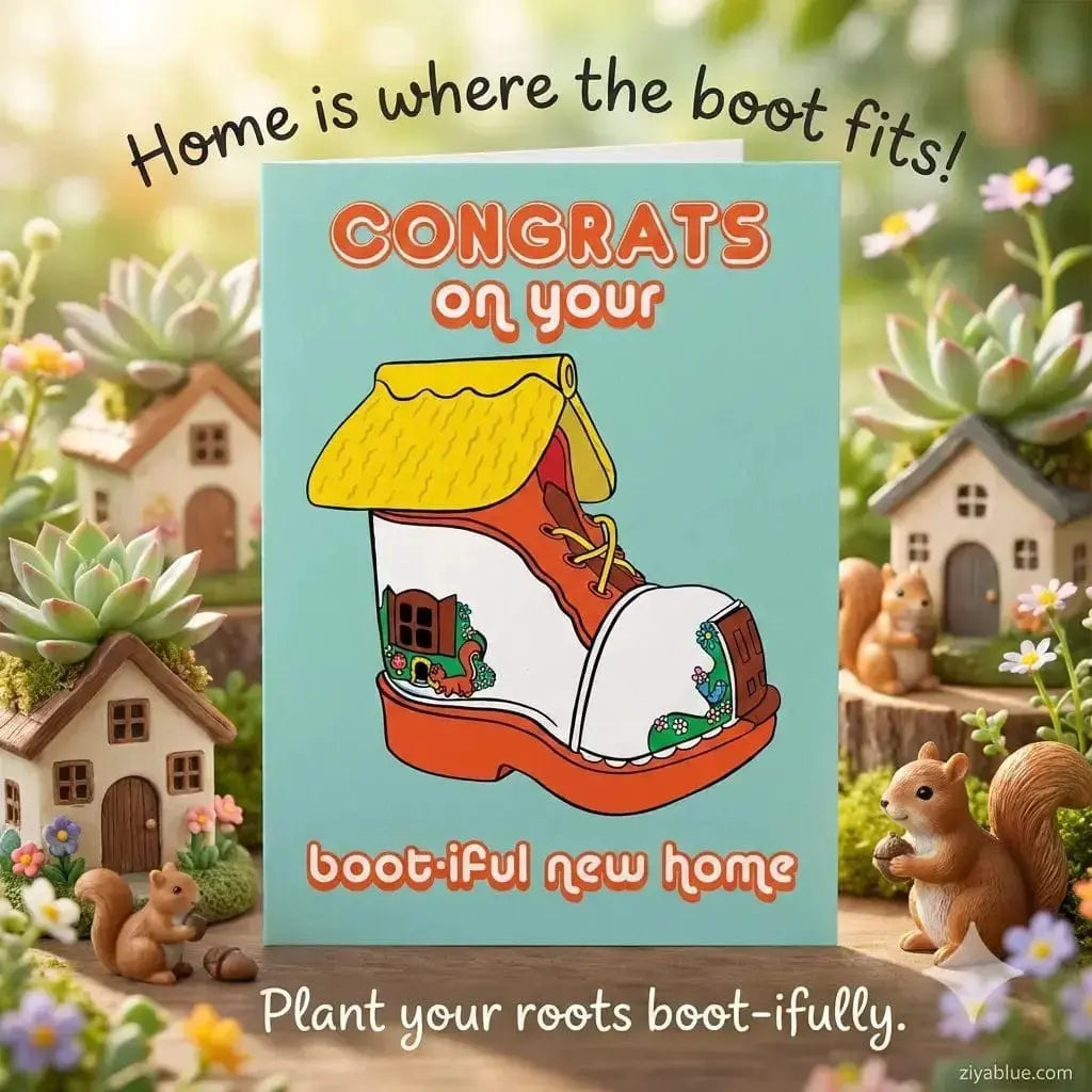 Funny New Home Card: Punny Boot-iful Greeting Bite Your Granny Ziya Blue