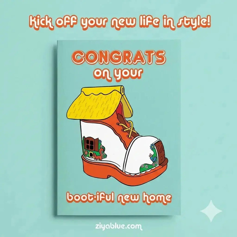 Funny New Home Card: Punny Boot-iful Greeting Bite Your Granny Ziya Blue