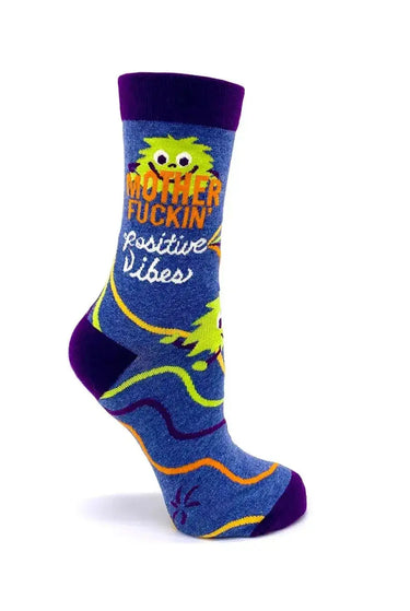 Funny Positive Vibes Socks: Women's Crew Fabdaz Ziya Blue