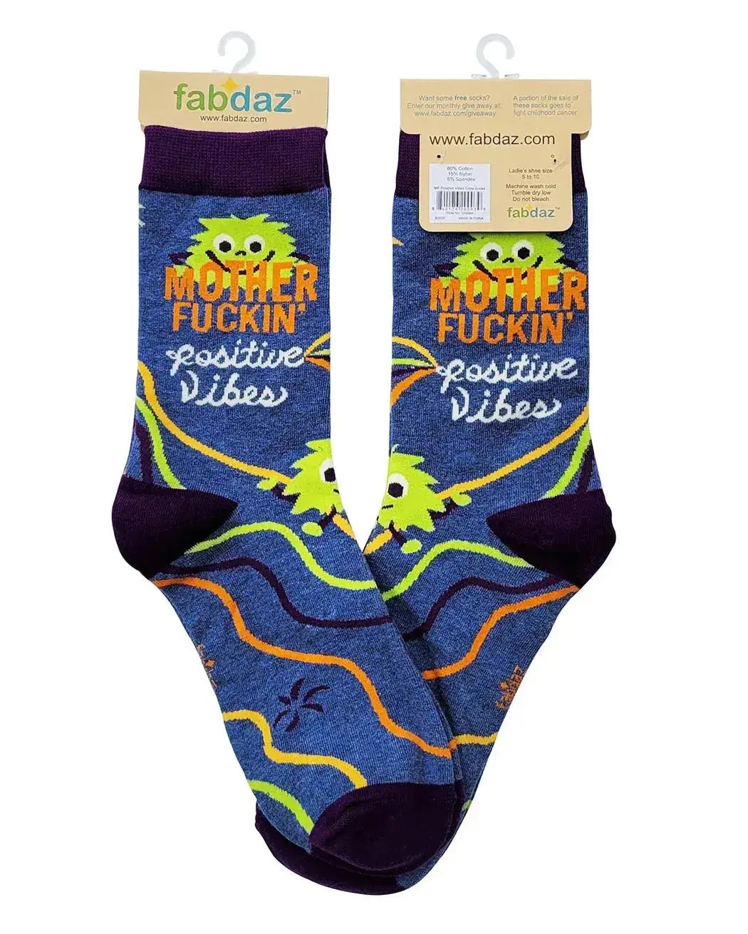 Funny Positive Vibes Socks: Women's Crew Fabdaz Ziya Blue