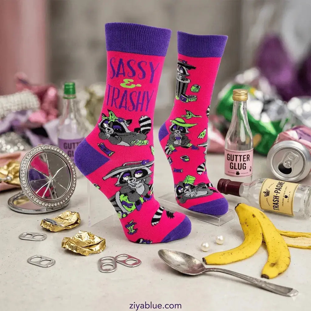 Funny Raccoon Socks: Sassy & Trashy Women's Crew Fabdaz Ziya Blue