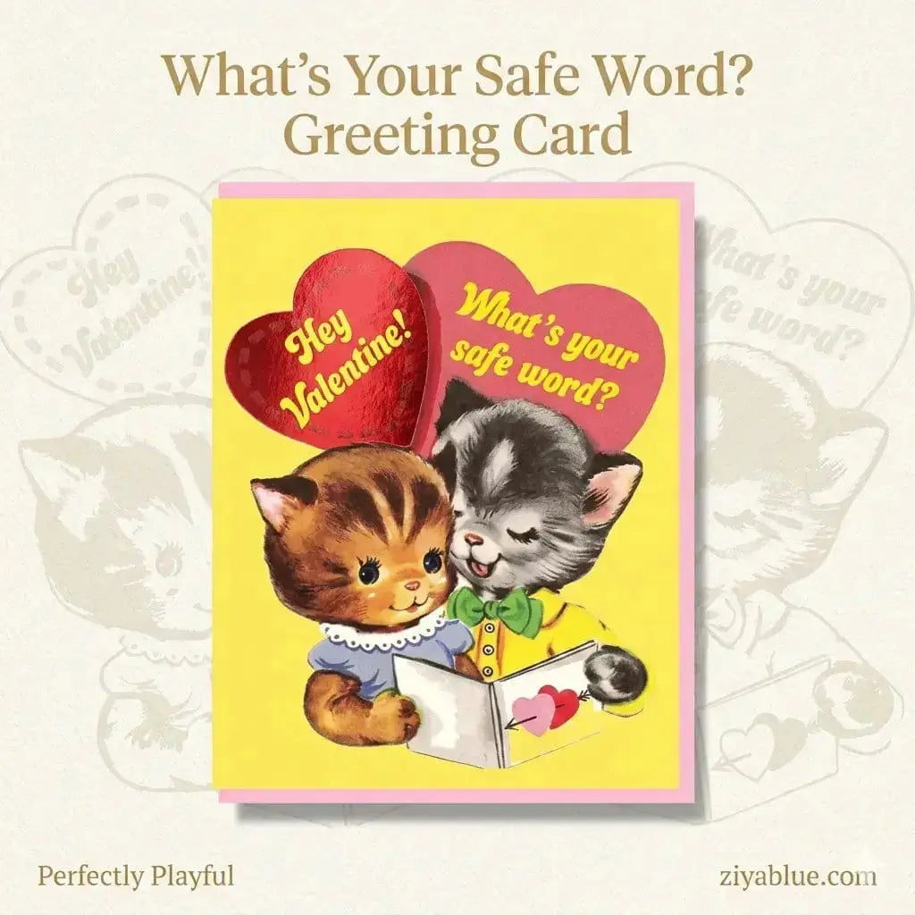 Funny Valentine Card | "What's Your Safe Word?" Red Foil Note Smitten Kitten Ziya Blue