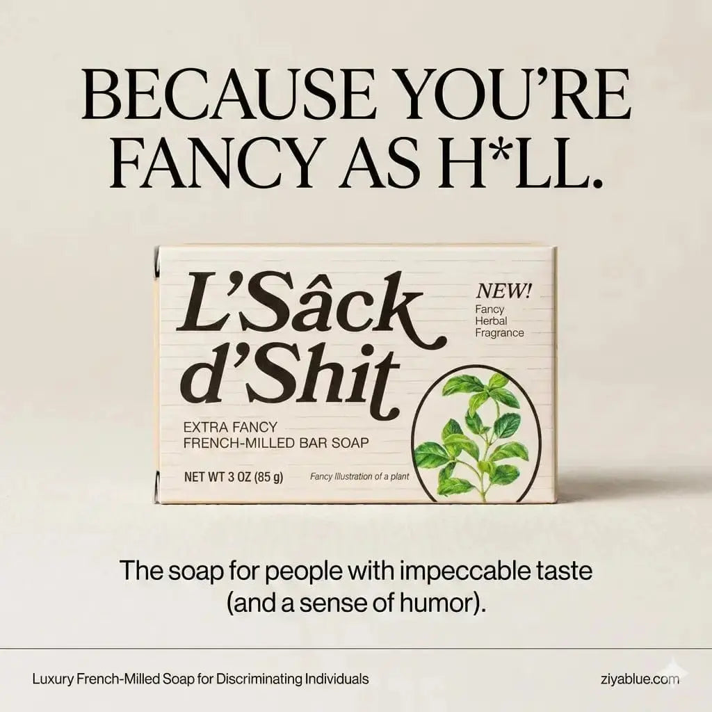 Funny Vegan Soap | "L'Sâck d'Shit" French-Milled Bar Whiskey River Ziya Blue