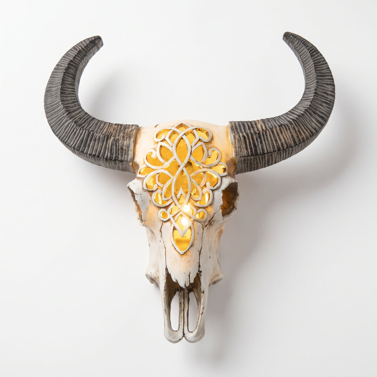 LED Carved Cow Skull with Round Horns | Boho Gothic Decor