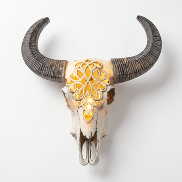 LED Carved Cow Skull with Round Horns | Boho Gothic Decor