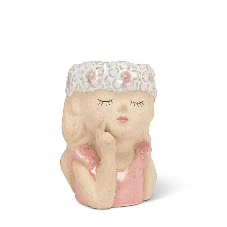 Girl Face Floral Planter - 4" Stoneware Whimsical Pot Abbott Ziya Blue
