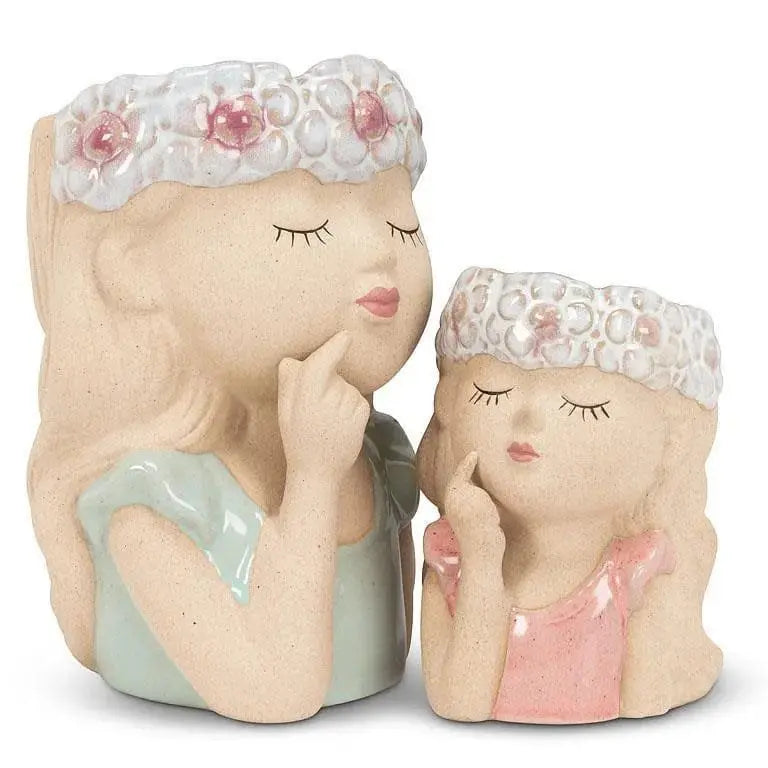 Girl Face Floral Planter - 4" Stoneware Whimsical Pot Abbott Ziya Blue
