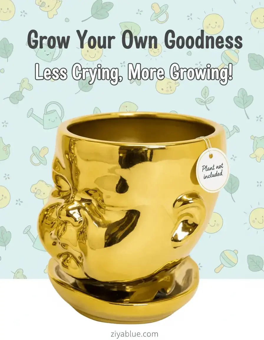 Gold Baby Face Planter - Closed Mouth Surrealist Ceramic Pot McGowan & Rutherford Ltd Ziya Blue