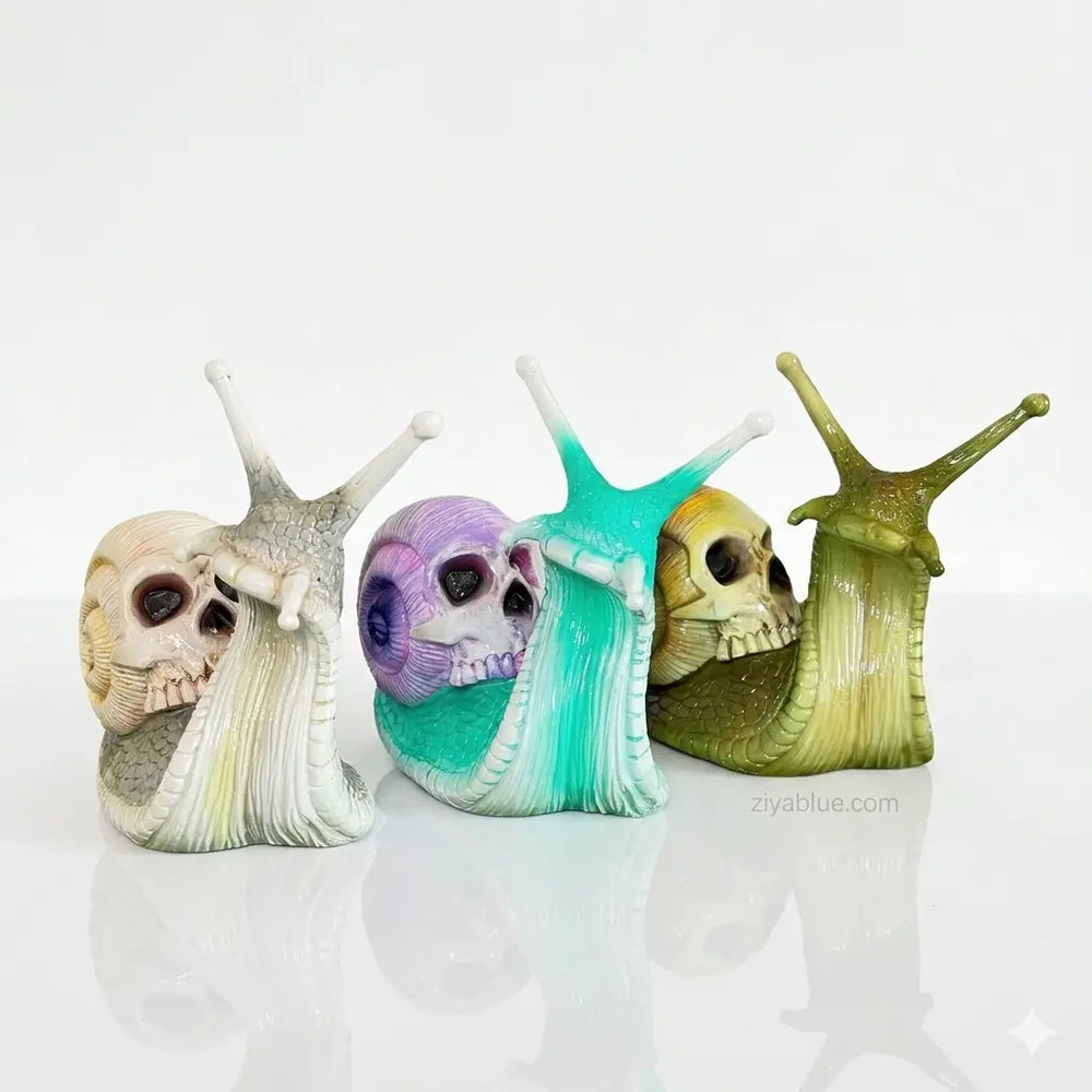 Gothic Skull Snail Sculpture | Horror Resin Garden Statue  Ziya Blue