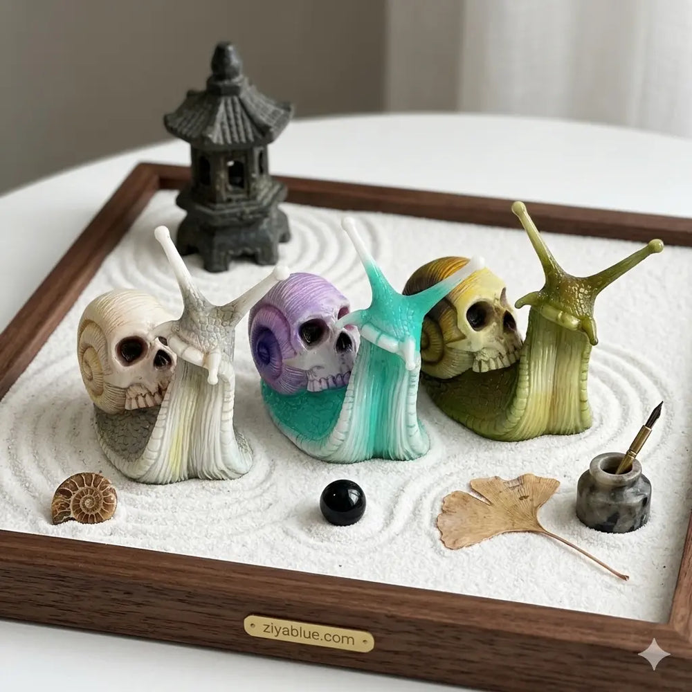 Gothic Skull Snail Sculpture | Horror Resin Garden Statue  Ziya Blue