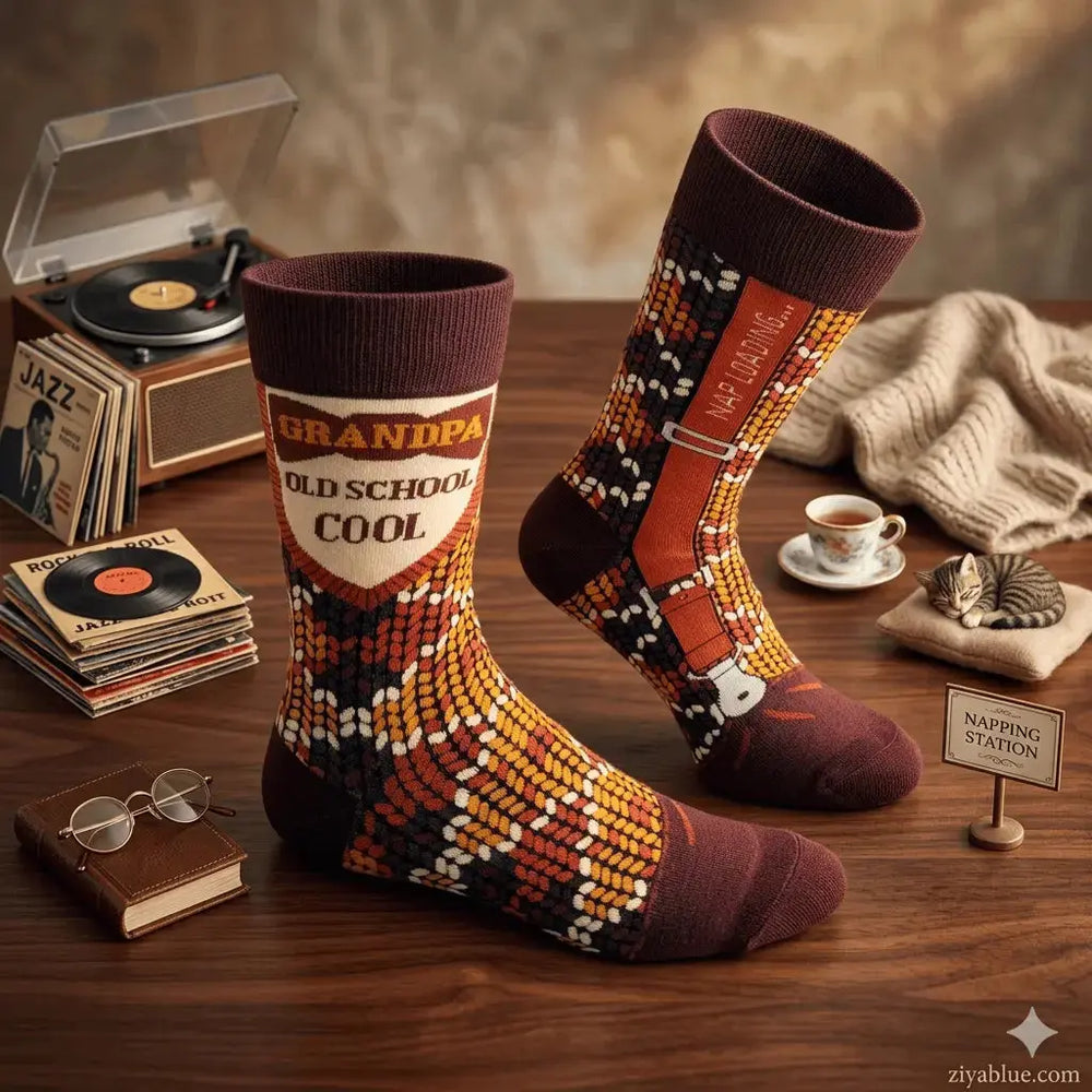 Grandpa Old School Socks: Funny Mens Crew Fabdaz Ziya Blue