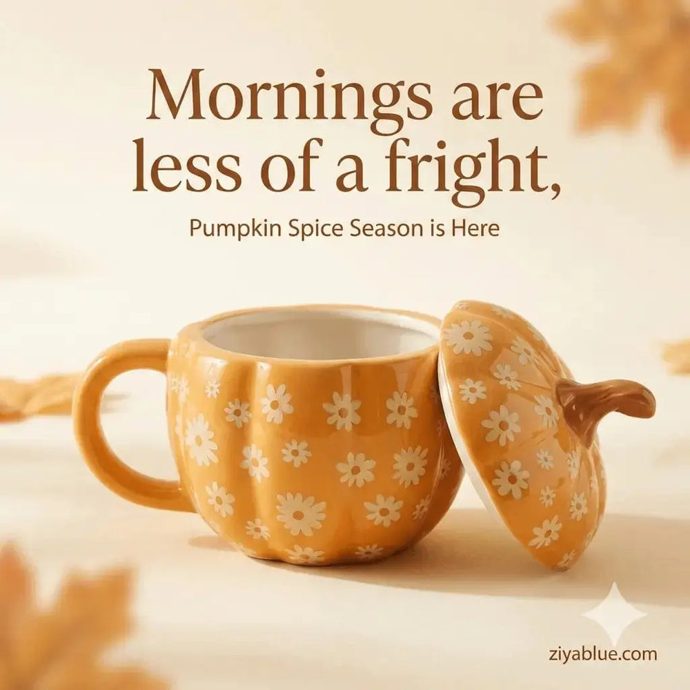 Groovy Floral Pumpkin Mug - 500ml Retro Lidded Ceramic Cup Something Different Ziya Blue
