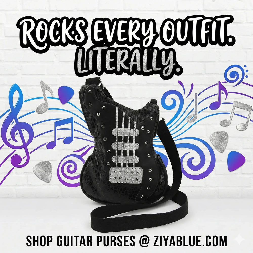 Guitar Crossbody Bag – Black Leopard Print Rockstar Purse COMECO INC Ziya Blue