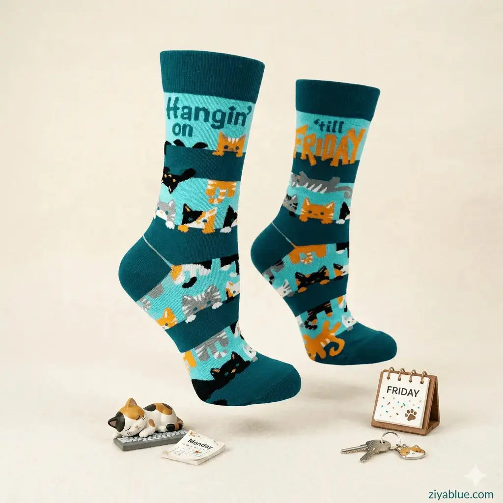 Hangin On Till Friday Socks: Women's Cute Cats Fabdaz Ziya Blue