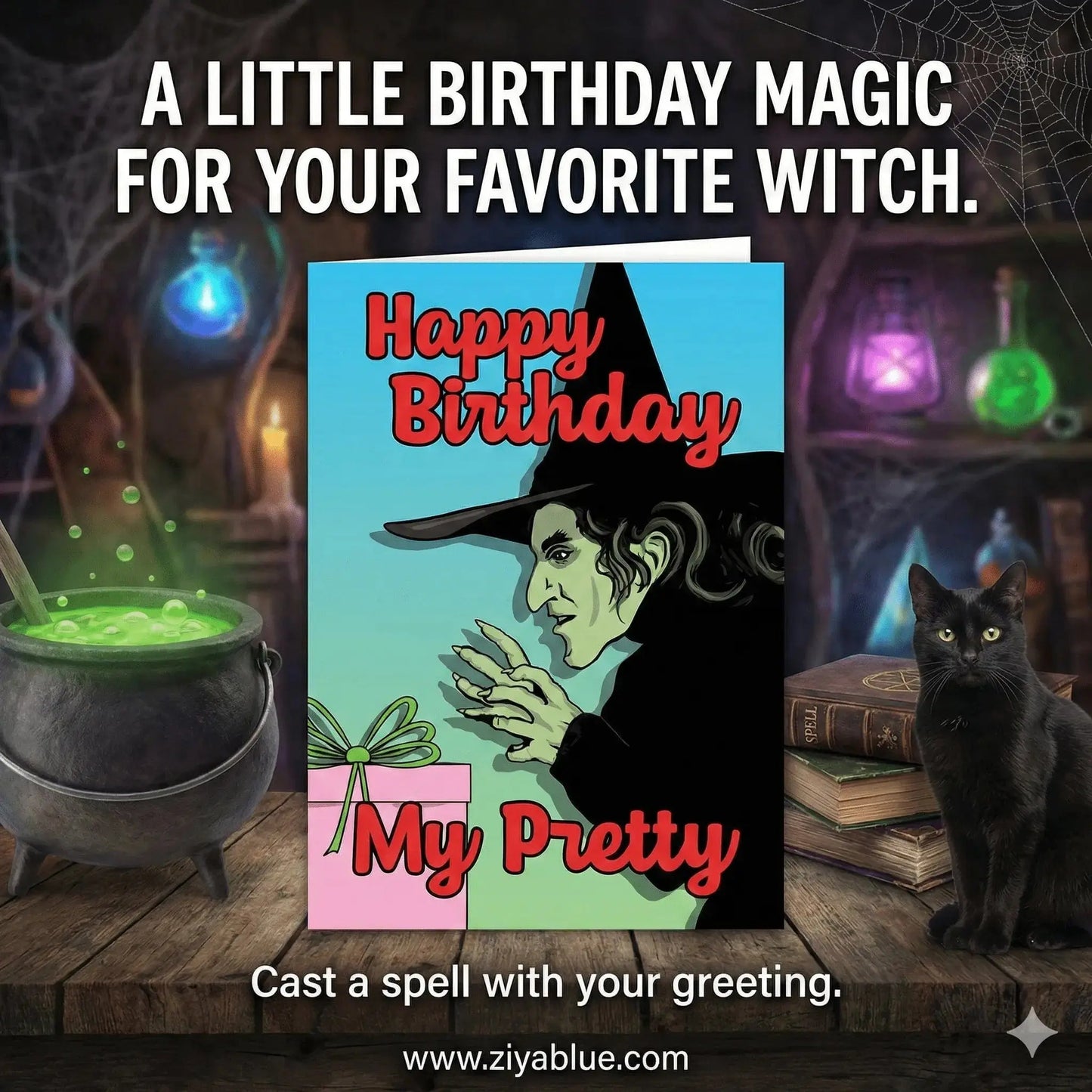 Happy Birthday Witch Card Bite Your Granny Ziya Blue