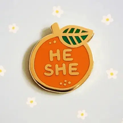 He/She Pronoun Pin: Orange Enamel Fruit Design Misomomo Ziya Blue