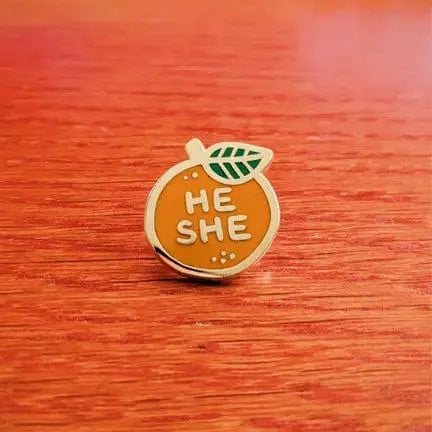 He/She Pronoun Pin: Orange Enamel Fruit Design Misomomo Ziya Blue