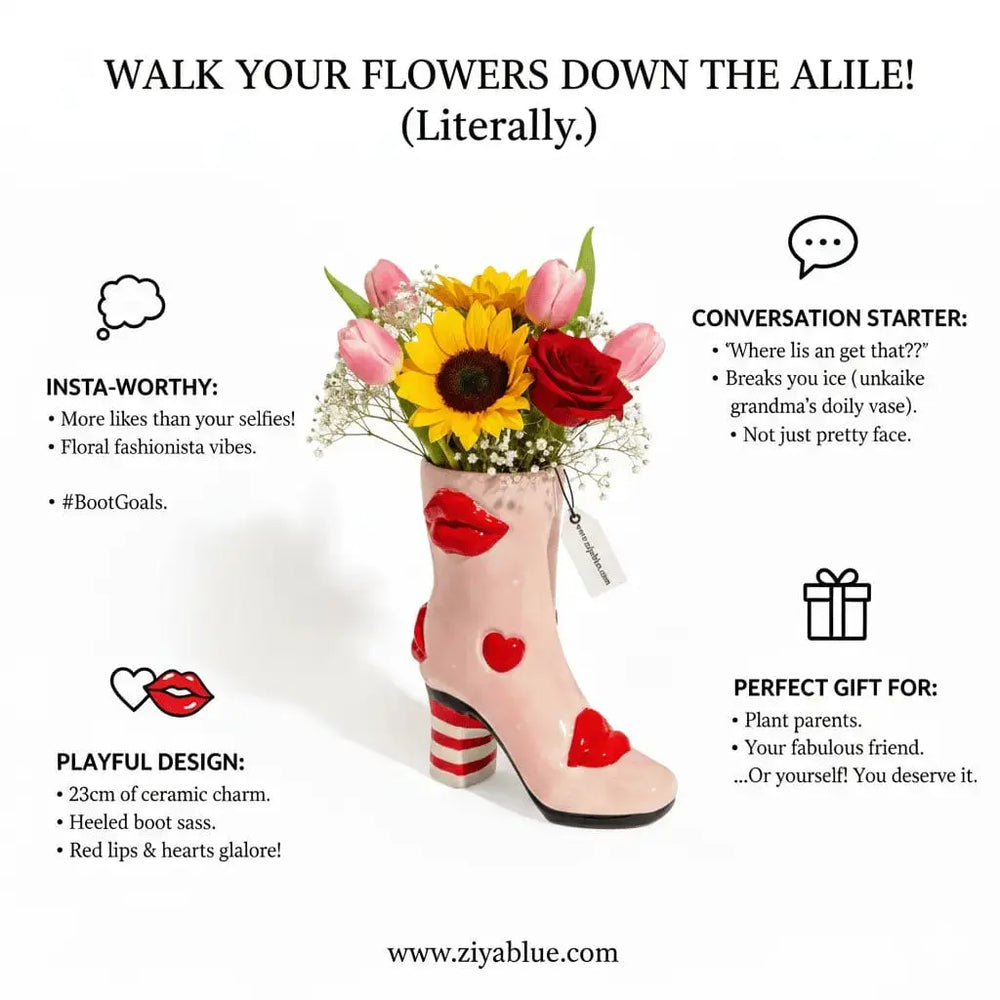 Heeled Boot Vase - Hearts & Lips Ceramic Fashion McGowan & Rutherford Ltd Ziya Blue