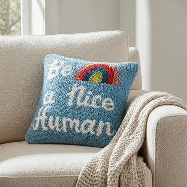Hooked Be A Nice Human Pillow Faire Ziya Blue