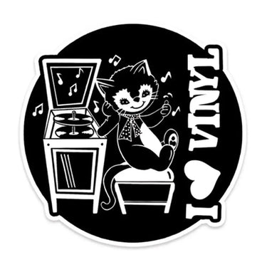 I Heart Vinyl Records Sticker: Retro Cartoon Cat Bite Your Granny Ziya Blue