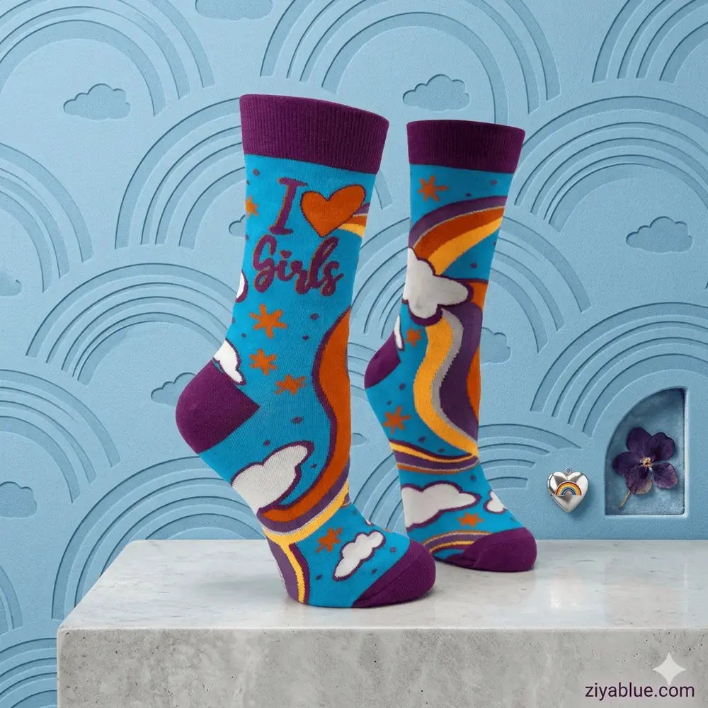 I Love Girls Socks: Rainbow Ladies Crew Fabdaz Ziya Blue