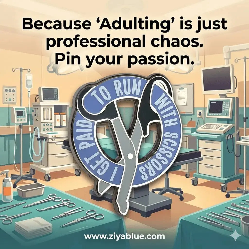 I Run With Scissors Pin -1 1/8" Rad Girl Creations Ziya Blue