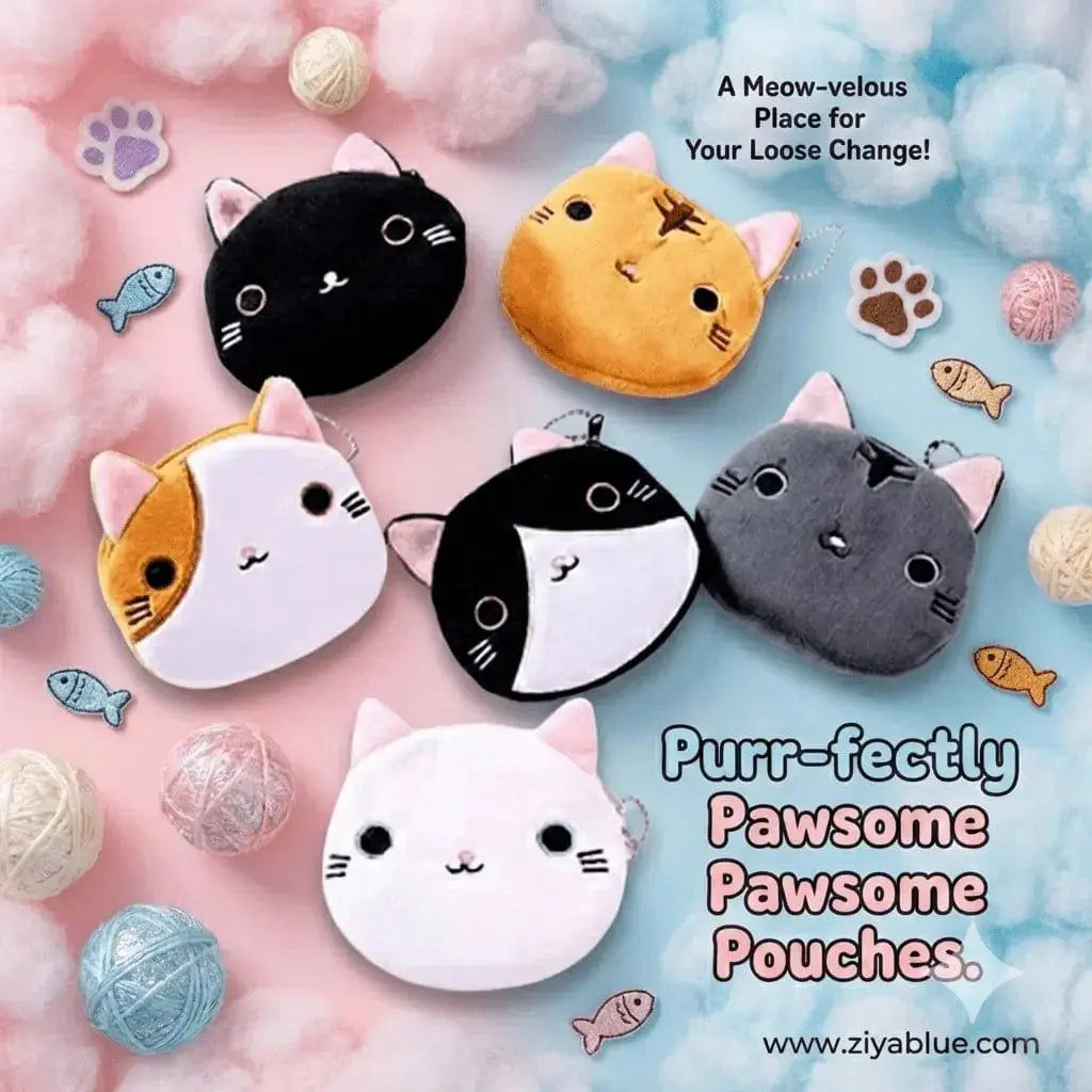 Kawaii Cartoon Cat Plush Coin Purse | 3D Kitty Keychain Wallet Ziya Blue Ziya Blue