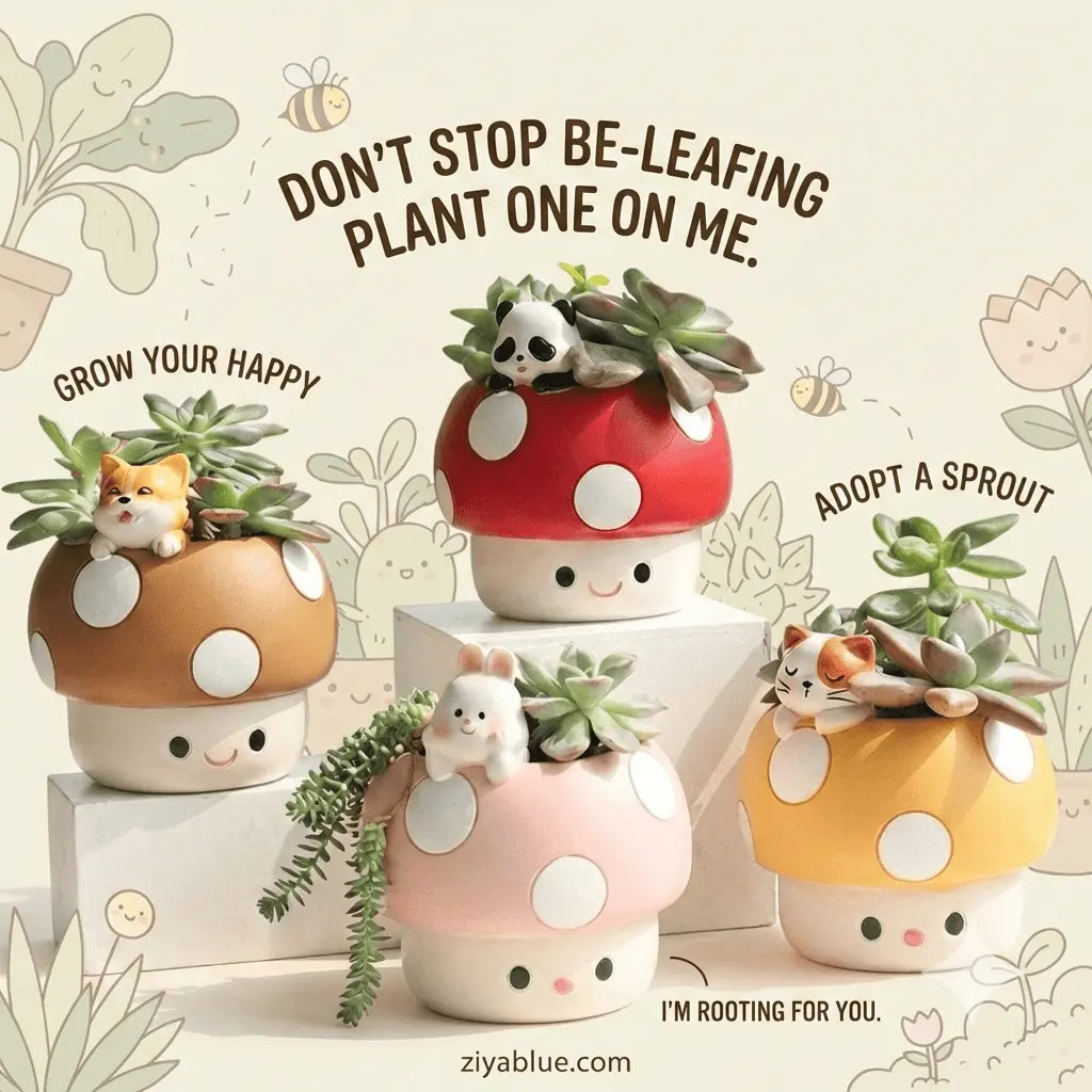 Kawaii Mushroom Animal Planter - Succulent Pot 🍄 - Ziya Blue
