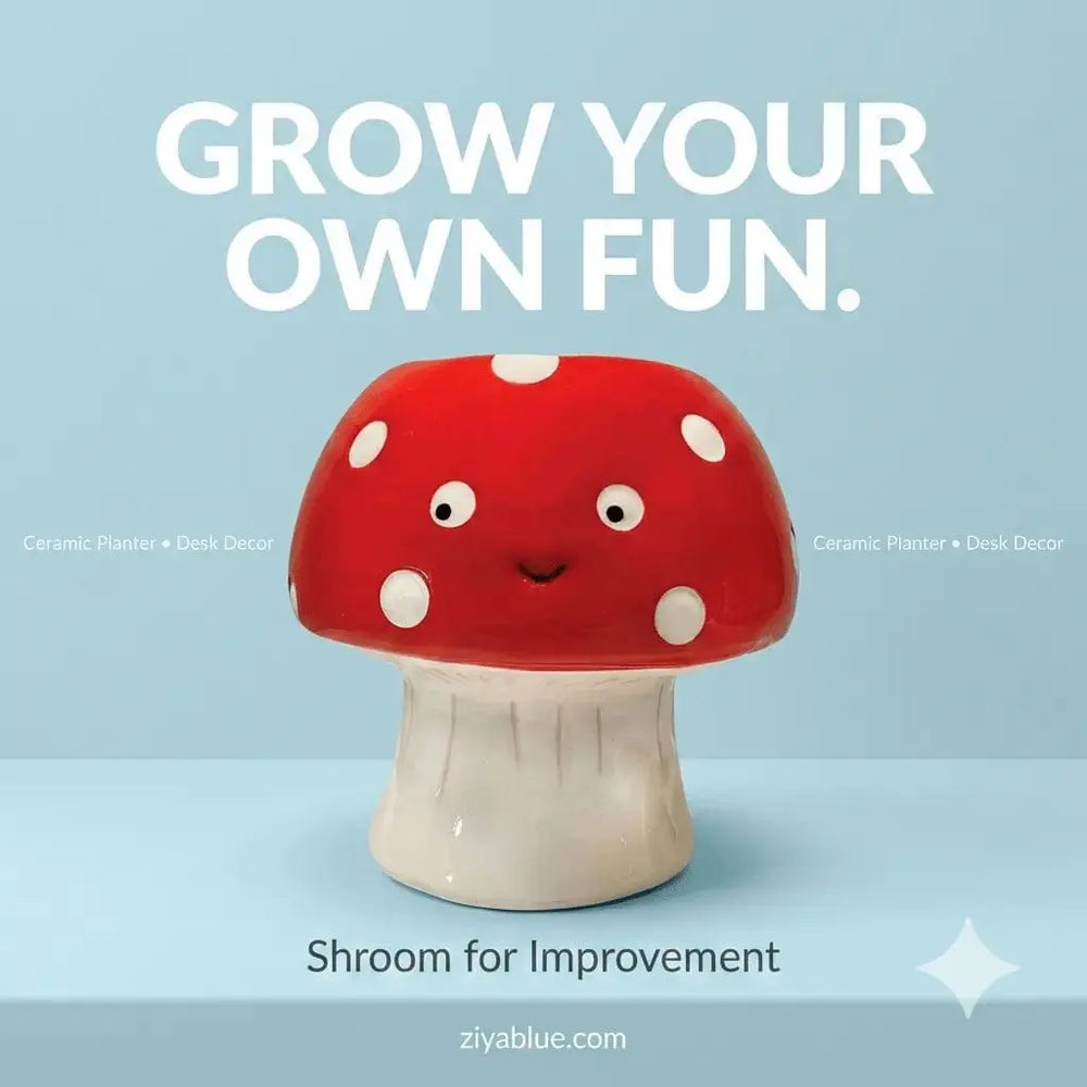 Kawaii Mushroom Planter - Small Ceramic Cottagecore Pot Streamline Ziya Blue