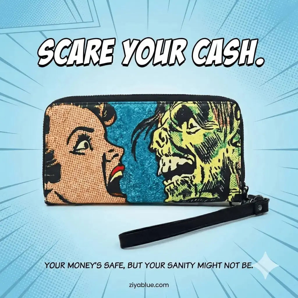 Kiss of Death Zombie Clutch Wallet | Retro Horror Wristlet Shady Front Ziya Blue