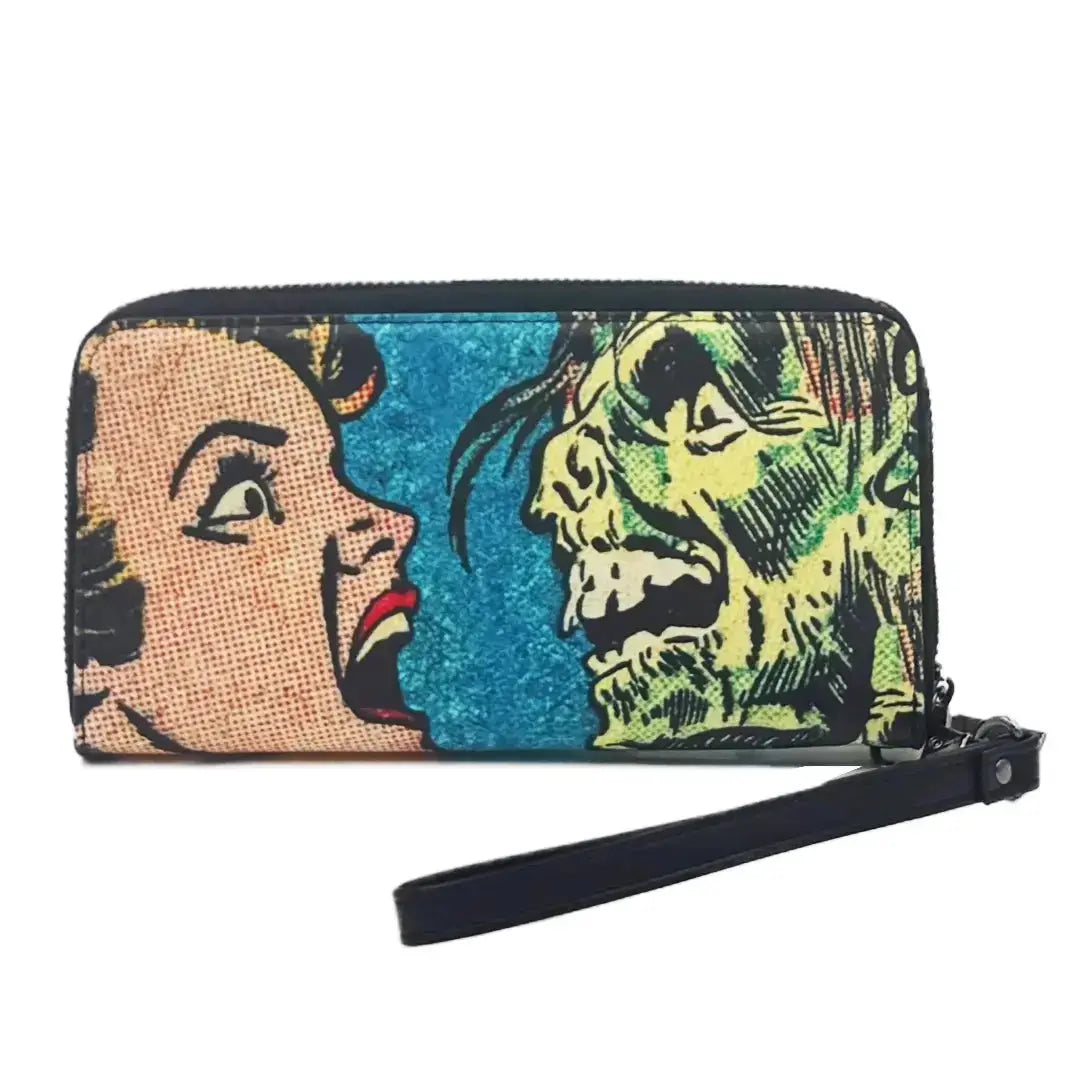 Kiss of Death Zombie Clutch Wallet | Retro Horror Wristlet Shady Front Ziya Blue