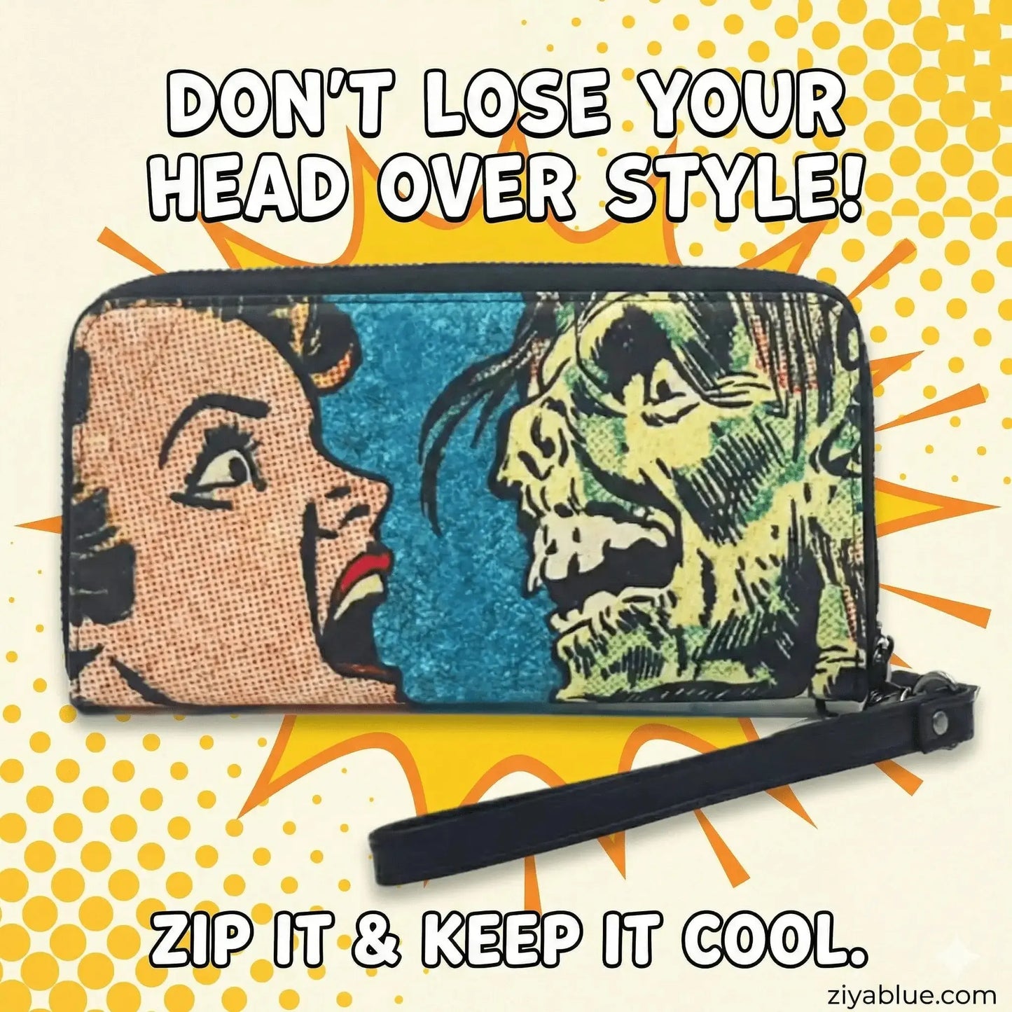 Kiss of Death Zombie Clutch Wallet | Retro Horror Wristlet Shady Front Ziya Blue