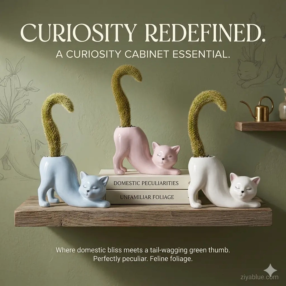 Kitty Planter | Stretching Cat Ceramic Pot | Yoga Inspired Decor  Ziya Blue