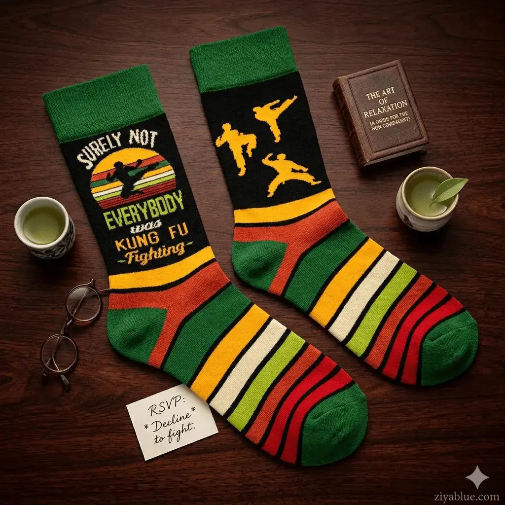 Kung Fu Fighting Socks: Funny Mens Crew Fabdaz Ziya Blue