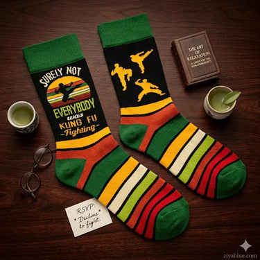 Kung Fu Fighting Socks: Funny Mens Crew Fabdaz Ziya Blue