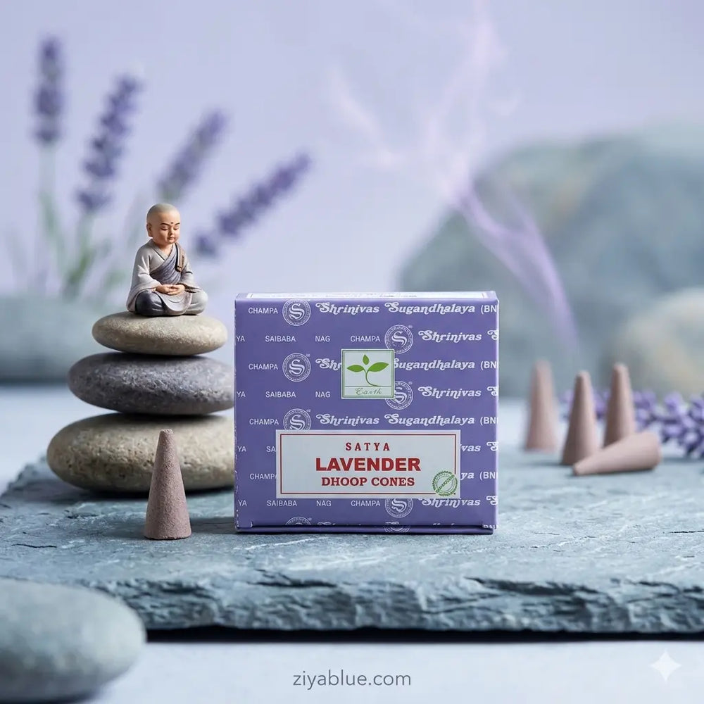 Lavender Dhoop Cones: Satya 12-Pack & Holder  Ziya Blue