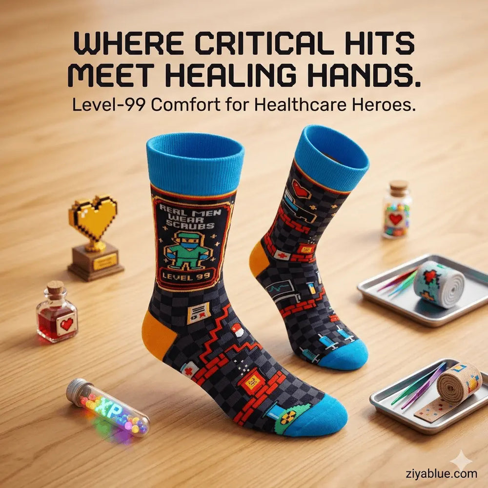 Level 99 Healthcare Hero: Real Men Wear Scrubs Socks Fabdaz Ziya Blue