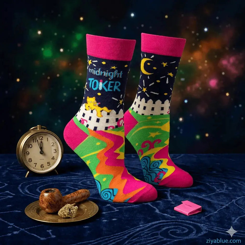 Midnight Toker Socks: Women's Stoner Crew Fabdaz Ziya Blue